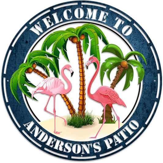 MeMate Flamingo Patio Sign Outdoor Decor, Personalized Metal Sign for Backyard, Custom Name Signs for Garden Porch, Deck, Large Metal Sign for Outside, Housewarming Gifts for Family Friends