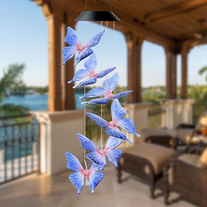 DOUBLEZHE Solar Butterfly Wind Chimes for Outside, Valentines Day Gifts for Her, Birthday Gifts for Women Mom Grandma, for Girlfriend Wife Sister, Solar Lights Garden Outdoor Patio Yard Decor