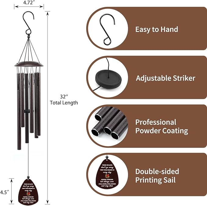 Cardinal Memorial Wind Chimes for Loss of Loved One, 32" Large Sympathy Windchimes for Outside Deep Tone, Best Bereavement Remembrance Memory Funeral Gifts for Loss of Family Member