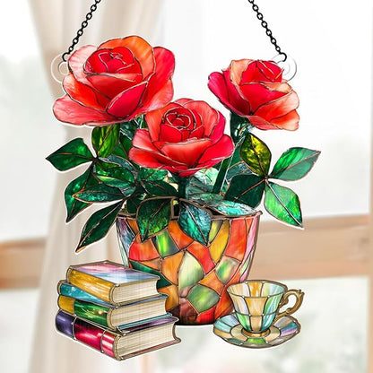 Jesuspirit - Window Hanging Suncatcher – Crystal Clear Acrylic & Wood Sun Catcher for Home Decor, for Women (Nostalgic Roses, Books, and Tea, 8 Inches)