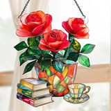 Jesuspirit - Window Hanging Suncatcher – Crystal Clear Acrylic & Wood Sun Catcher for Home Decor, for Women (Nostalgic Roses, Books, and Tea, 6 Inches)