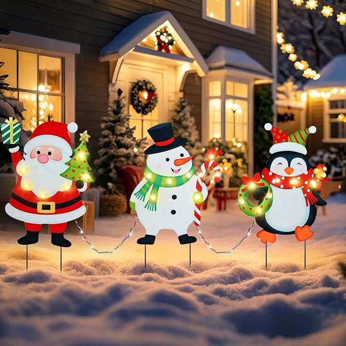 WONDER GARDEN Christmas Yard Stakes, 3 PCS LED Light Xmas Yard Signs with Santa Claus, Snowman, Penguin Christmas Yard Decorations for Lawn Party Decorations