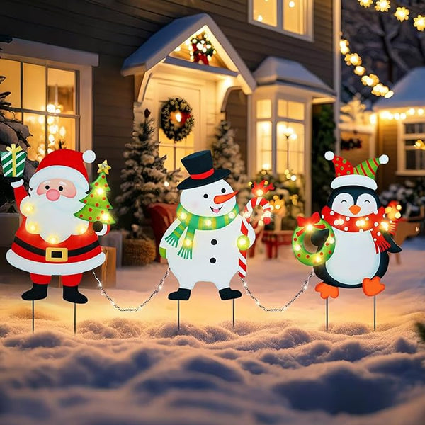 WONDER GARDEN Christmas Yard Stakes, 3 PCS LED Light Xmas Yard Signs with Santa Claus, Snowman, Penguin Christmas Yard Decorations for Lawn Party Decorations