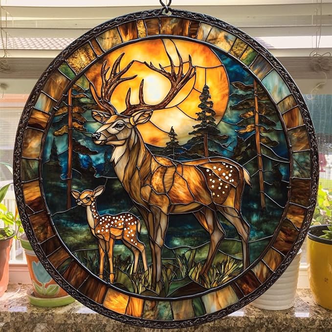Deer Acrylic Suncatcher Stained Glass Effect Window Car Hanging Christmas Ornament Indoor Outdoor Decor Garden Sun Catcher Panel for Deer Lover for Women Mom Grandma