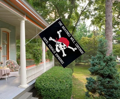 Pirtae Skull Flag 2X3Ft, Quote The Beatings Will Be Continue Until Morale Improves Flags,Double-Sided Printed, Funny Meme Flags, Men Women Banner, Fade Proof Vivid Color, Double Stitched with 2 Brass Grommets, Bar Garden Street Decoration, GYM, Office ...