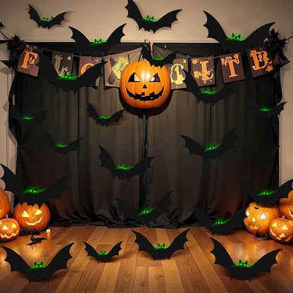 12 Pcs Hanging Bats with Lights Halloween Decoration Outside Pumpkin Skeleton Spider Outdoor Lawn Decorations 3 Size Realistic Ghost for The Tree Porch Yard Lawn Indoor(Bat)