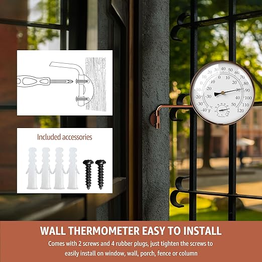6-Inch Outdoor Thermometer and Humidity Gauge, Window Thermometer for Outside Temperature and Humidity Monitor, Brass Analog Dial, Battery-Free for Patio, Garage, Greenhouse, Garden, Wall