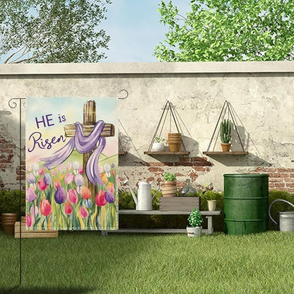 He Is Risen Easter Garden Flag Christian Cross Tulip Easter Garden Flag Decor Spring Double Sided House Flag for Outside Yard Decorations 12×18 Inch