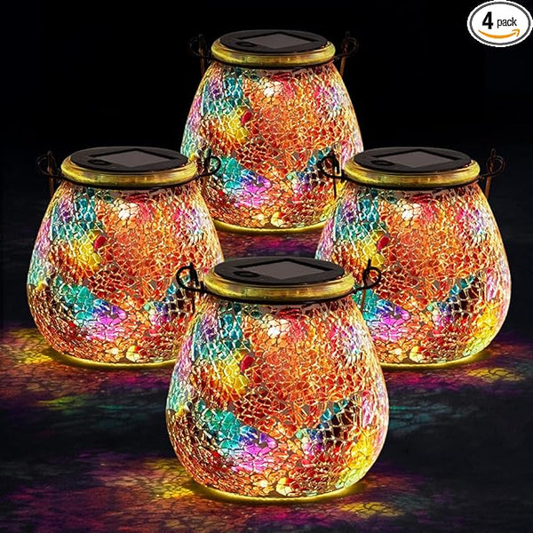 Stargarden 4 Pack Mosaic Solar Lantern ,Outdoor Hanging Waterproof Mosaic Light Solar Table Lamp for Garden ,Patio,Yard Decor (Red)
