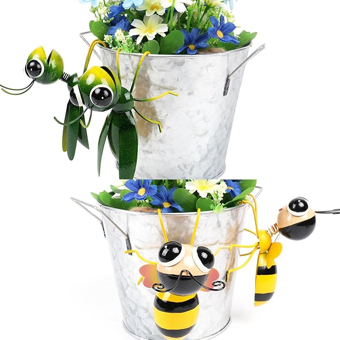 Cruis Cuka Metal Yard Art Garden Decor Cute Grasshopper & Bee Lawn Ornament Backyard Decorations Animal Hanging Flower Pot and Vase Hugger - Set of 4