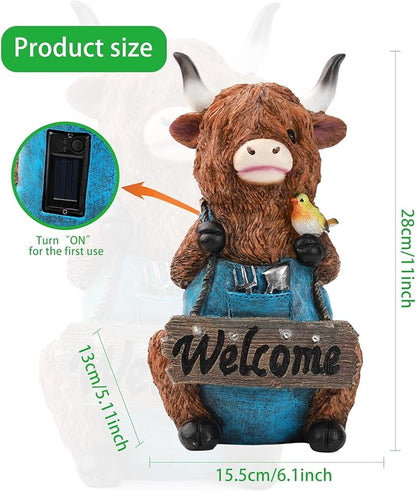 V-Ladybug Solar Garden Statues -Highland Cow Outdoor Handmade Resin Statue with LED Light, and Welcome Holder for Patio, Yard, Gift Ideas
