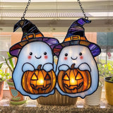 Cute Witch Ghost and Pumpkin Acrylic Suncatcher Stained Glass Effect Window Car Hanging Christmas Ornament Indoor Outdoor Decor Garden Sun Catcher Panel for Halloween Lover for Women Mom Grandma