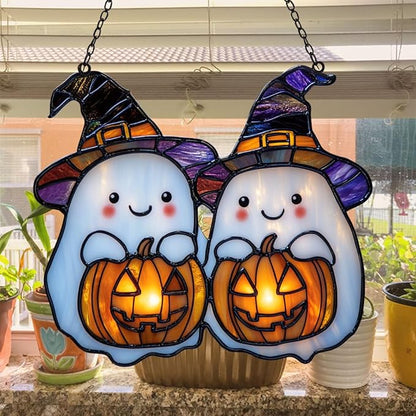 Cute Witch Ghost and Pumpkin Acrylic Suncatcher Stained Glass Effect Window Car Hanging Christmas Ornament Indoor Outdoor Decor Garden Sun Catcher Panel for Halloween Lover for Women Mom Grandma