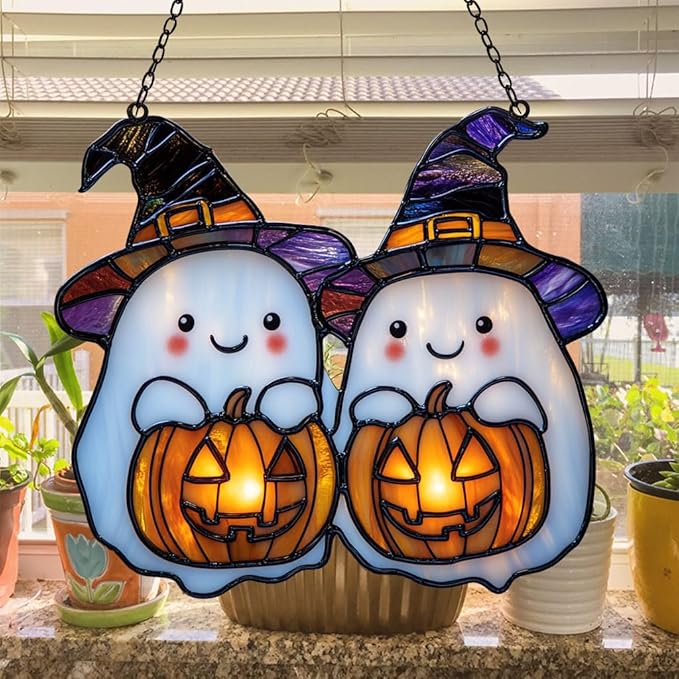 Cute Witch Ghost and Pumpkin Acrylic Suncatcher Stained Glass Effect Window Car Hanging Christmas Ornament Indoor Outdoor Decor Garden Sun Catcher Panel for Halloween Lover for Women Mom Grandma