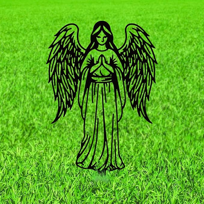 WADORN Angel Silhouette Garden Stakes Decor, Metal Angel Lovers Gifts Stakes Statues Ornaments for Yard Art Black Silhouette Yard Outside Decor for Backyard Lawn Patio Outdoor Decor, 15x8.3Inch