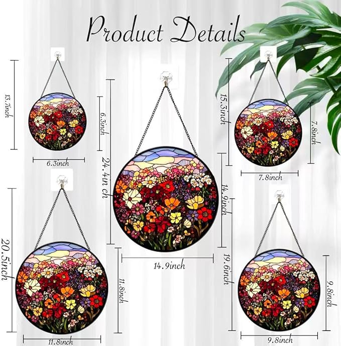 Stained Glass Window Hanging Ornament, Flowers and Green Leaves 6.3 Inches Suncatcher for Window Home Decor Bithday Christmas Monther's Day Gifts for Women Men and Mom