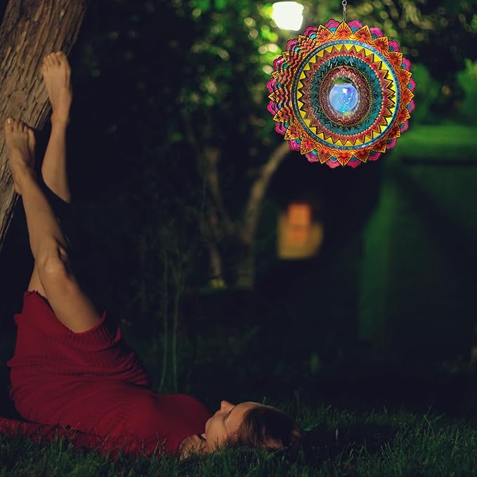 FONMY Solar Wind Spinner Mandala Flame 3D Stainless Steel Hanging Wind Spinners Worth Gift Christmas Decoration Indoor/Outdoor Garden Décor Kinetic Yard Art 12 Inches Multi Red Wind Sculpture