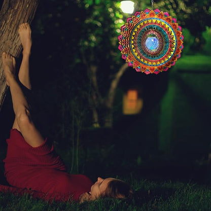 FONMY Solar Wind Spinner Mandala Flame 3D Stainless Steel Hanging Wind Spinners Worth Gift Christmas Decoration Indoor/Outdoor Garden Décor Kinetic Yard Art 12 Inches Multi Red Wind Sculpture
