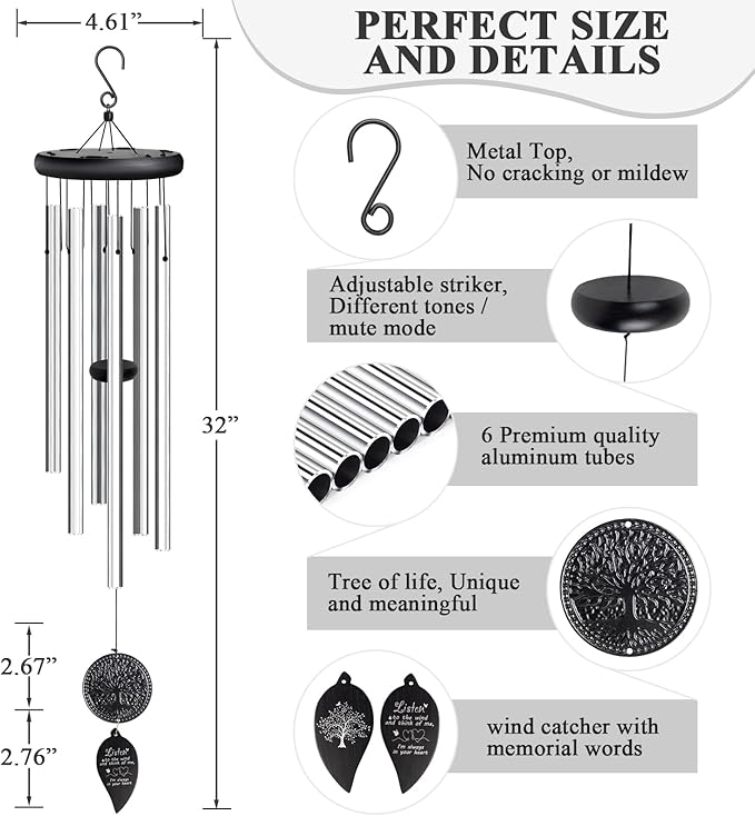 Memorial Wind Chimes for Loss of Loved One, Sympathy Wind Chimes with Tree of Life, Remembrance in Memory of Mom Dad, Bereavement and Condolence Memorial Gifts (Silver Black)