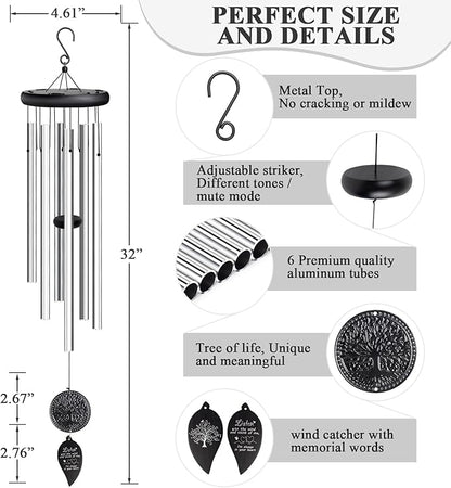 Memorial Wind Chimes for Loss of Loved One, Sympathy Wind Chimes with Tree of Life, Remembrance in Memory of Mom Dad, Bereavement and Condolence Memorial Gifts (Silver Black)