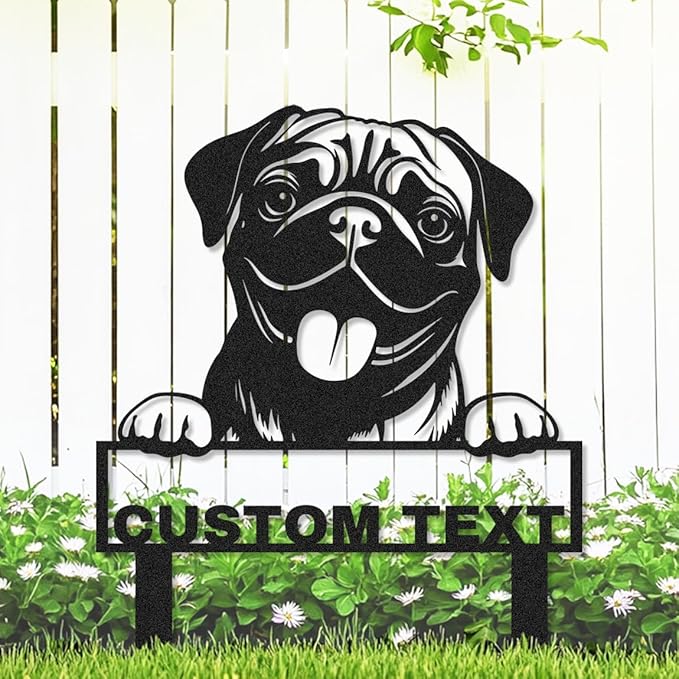 Custom Metal Pug Dog Garden Stake Sign, Personalized Pet Dog Statue Sculpture Garden Marker Outdoor Sign, Customized Cute Animal Pug Yard Art Backyard Lawn Signs Plaque with Stakes