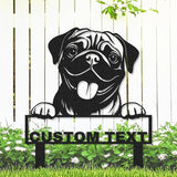Custom Metal Pug Dog Garden Stake Sign, Personalized Pet Dog Statue Sculpture Garden Marker Outdoor Sign, Customized Cute Animal Pug Yard Art Backyard Lawn Signs Plaque with Stakes