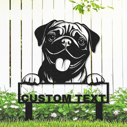 Custom Metal Pug Dog Garden Stake Sign, Personalized Pet Dog Statue Sculpture Garden Marker Outdoor Sign, Customized Cute Animal Pug Yard Art Backyard Lawn Signs Plaque with Stakes