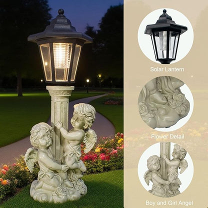 Angel Boy and Girl Statue with Solar Lantern, Outdoor Solar Angel Garden Statue with Roma Pillar for Garden Lawn Patio Yard Deocr, Mother's Day Birthday Gift