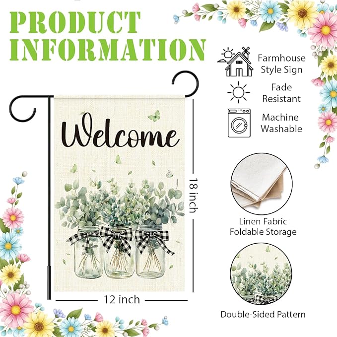 Welcome Garden Flags for Outside,Eucalyptus Mason Jar Spring Yard Flag for Lawn Porch Outdoor Decorations 12x18 Inch Double Sided