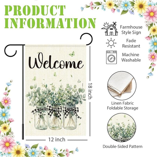 Welcome Garden Flags for Outside,Eucalyptus Mason Jar Spring Yard Flag for Lawn Porch Outdoor Decorations 12x18 Inch Double Sided