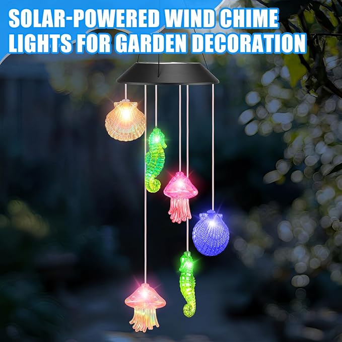 VIHOSE Solar Wind Chimes Lights Outdoor, Color Changing Hanging Solar Wind Chime, Seashell Starfish Mobile LED Lights for Outside Garden Yard Patio Decor, Waterproof