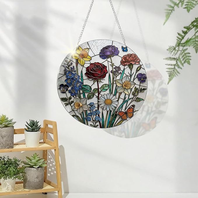 Flower Suncatchers Windows Hanging, Acrylic Hanging Suncatcher, Wildflowers Sun Catcher for Door Garden Home Decor, Festival Gifts for Women Wife Girlfriend Mom Nana