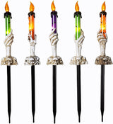 WATERGLIDE Halloween Candle Light Stakes, 5 Pack Skeleton Hands Hold Lighted Candle Pathway Makers, Waterproof Battery Operated with Timer, Light Up Figurine for Indoor Outdoor Holiday Party