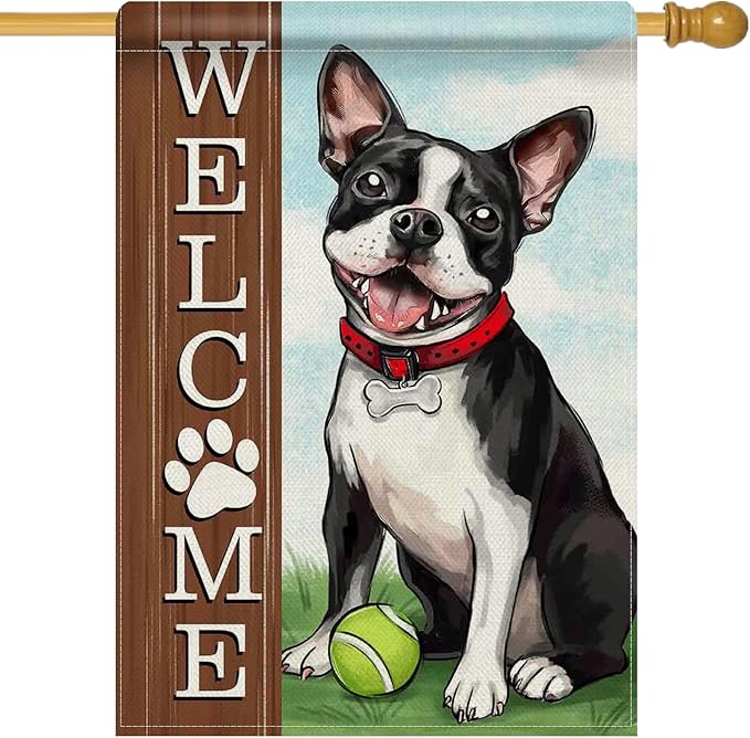 Dyrenson Welcome Boston Terrier Dog 28 x 40 House Flag Double Sided, Spring Summer Paw Prints Tennis Garden Yard Decoration Pet Owner Lover Gift, Farmhouse Burlap Outdoor Decor Decorative Large Flag