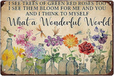YOYI ART Dragonfly and Flowers Metal Tin Sign, What a Wonderful World I See Trees of Green Red Roses Too, Funny Garden Signs Wall Decor, Retro Tin Sign Flowers Poster Metal Garden Signs, 12 x 8 inch