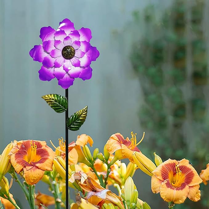 Metal Flower Garden Stakes Yard Art, 42" Large Handcrafted Purple Metal Outdoor Decor Lawn Pathway Ornaments Garden Decorations