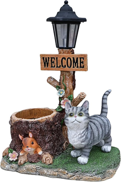 Solar Garden Statue with Planter & Solar Lantern, Outdoor Resin Animal Sculpture, Waterproof Yard Lawn Decor Pot for Succulents, Front Porch Ornament Housewarming Gift (American Shorthair Cat)