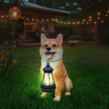 Akita Dog Garden Statue with Solar Lantern, Outdoor Resin Puppy Animal Sculpture with Double-Sided Sign (Welcome & On Patrol), Waterproof Lawn Yard Porch Patio Decor, Dog Lover Gifts, 11.4"