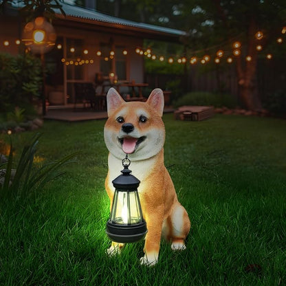 Akita Dog Garden Statue with Solar Lantern, Outdoor Resin Puppy Animal Sculpture with Double-Sided Sign (Welcome & On Patrol), Waterproof Lawn Yard Porch Patio Decor, Dog Lover Gifts, 11.4"