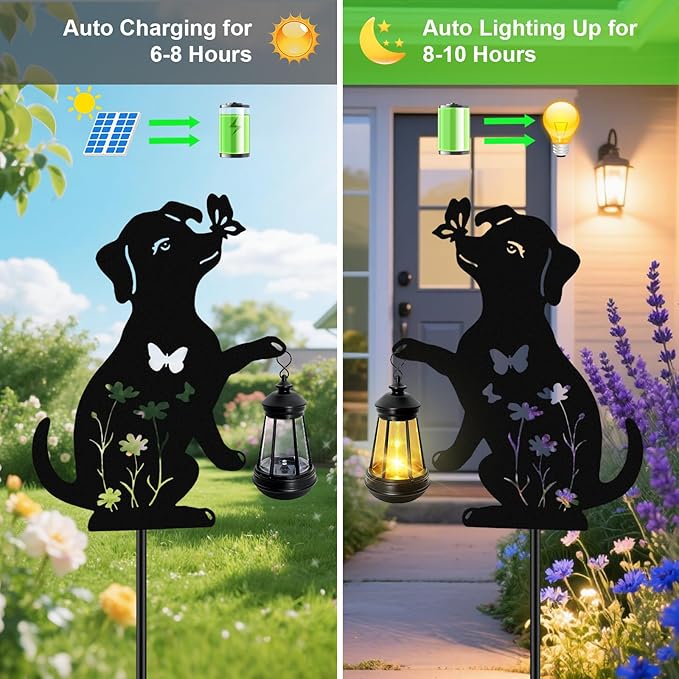 Solar Lights Outdoor Stakes, Metal Dog Solar Lights,Birthday Gifts for Women Mom Grandma, Waterproof Hanging Lantern Garden Ornaments Decor Outside Backyard, Yard Art, Patio, Pathway