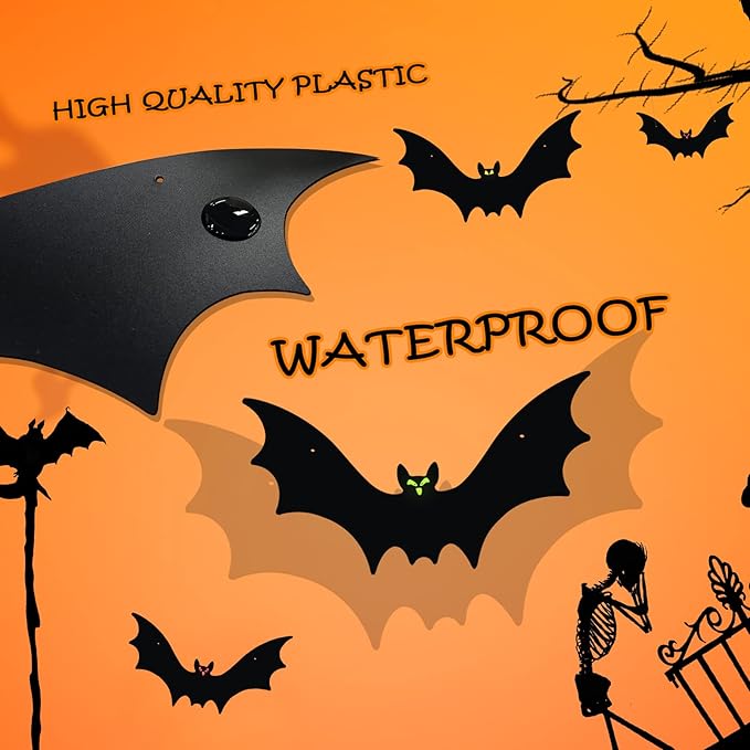 Hanging Bats Halloween Decorations 12pcs 3D Realistic Halloween Hanging Flying Bat with Glowing Eyes for Outdoor (3 Styles)
