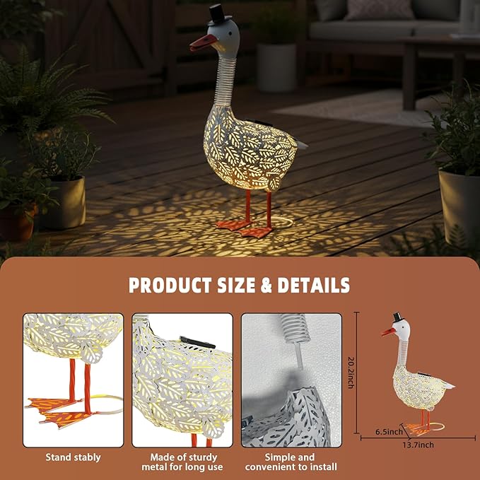 Porch Goose Garden Statue, Solar Metal Goose Yard Statue, 20 Inches High Geese Decoration, Garden Decor for Outside, Outdoor Goose Figurine for Patio, Porch, Yard, Lawn Ornament, Garden goose Gift