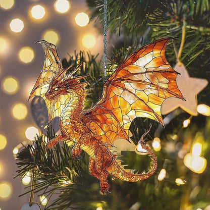 Fiery Mosaic Dragon Charm Acrylic Suncatcher Stained Glass Effect Window Car Hanging Christmas Ornament Indoor Outdoor Decor Garden Sun Catcher Panel for Dragon Lover for Women Mom Grandma
