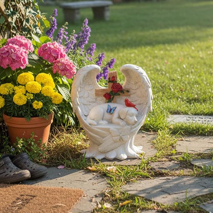 Dog Memorial Stone with Angel Wings Cross Roses Cardinal Butterfly, Pet Grave Markers Sleeping Waterproof Loss of Dog Sympathy Gift for Outdoor Cemetery 6 Inch