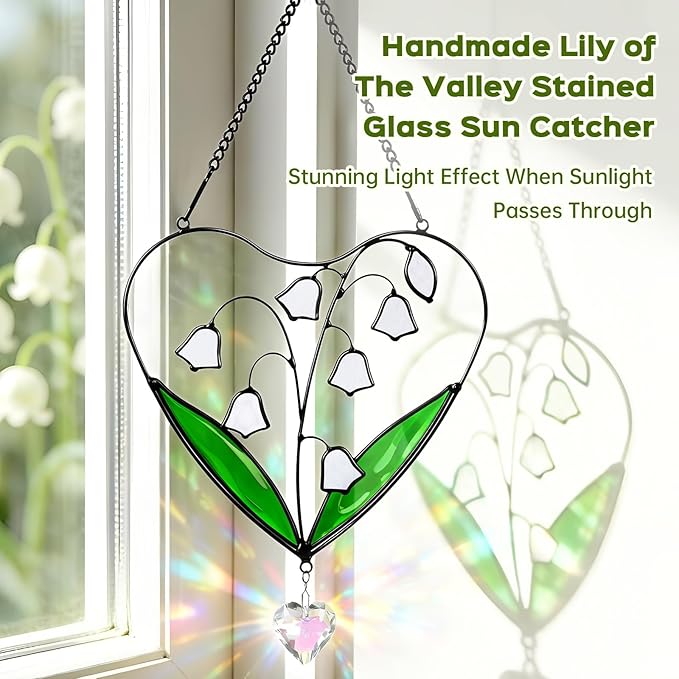 Lily of The Valley Sun Catcher Stained Glass Window Hanging - IDEA SHOW 6.6 Inch Handmade Real Glass Suncatcher Ornaments, Memorial Gifts for Women, Mom, Plant Lover Gifts for Indoor Home Wall Decor