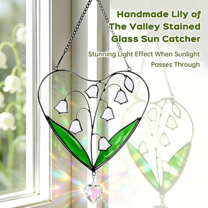 Lily of The Valley Sun Catcher Stained Glass Window Hanging - IDEA SHOW 6.6 Inch Handmade Real Glass Suncatcher Ornaments, Memorial Gifts for Women, Mom, Plant Lover Gifts for Indoor Home Wall Decor