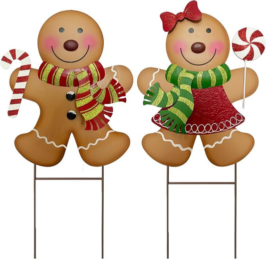 Outdoor Christmas Decorations,27" H Large Gingerbread Boy and Girl Metal Yard Stakes,Set of 2, Rustic Winter Signs for Lawn Garden,Patio, Pathway & Front Yard,Farmhouse Porch Outside