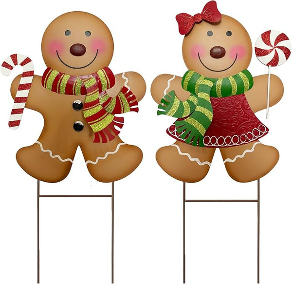 Outdoor Christmas Decorations,27" H Large Gingerbread Boy and Girl Metal Yard Stakes,Set of 2, Rustic Winter Signs for Lawn Garden,Patio, Pathway & Front Yard,Farmhouse Porch Outside