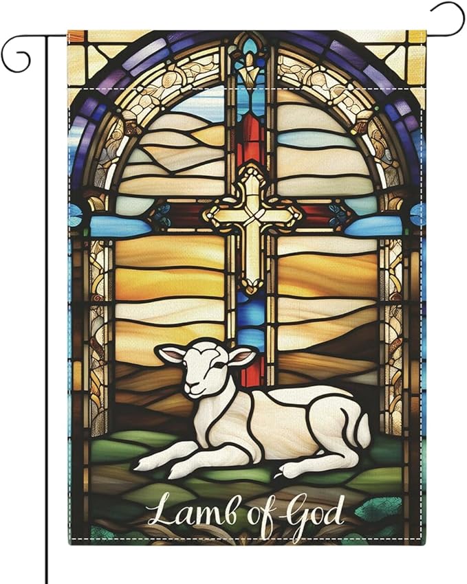 Lamb of God Easter Garden Flag Catholic Stained Glass Christian Easter Garden Flag Decor Spring Double Sided House Flag for Outside Yard Decorations 12×18 Inch