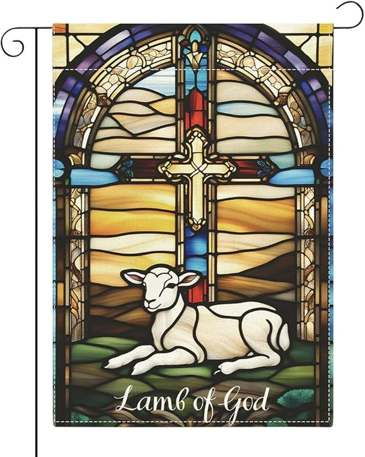 Lamb of God Easter Garden Flag Catholic Stained Glass Christian Easter Garden Flag Decor Spring Double Sided House Flag for Outside Yard Decorations 12×18 Inch